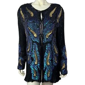 Jakelin Designs 100 Pure Silk Sequin Peacock Jacket Black 1X